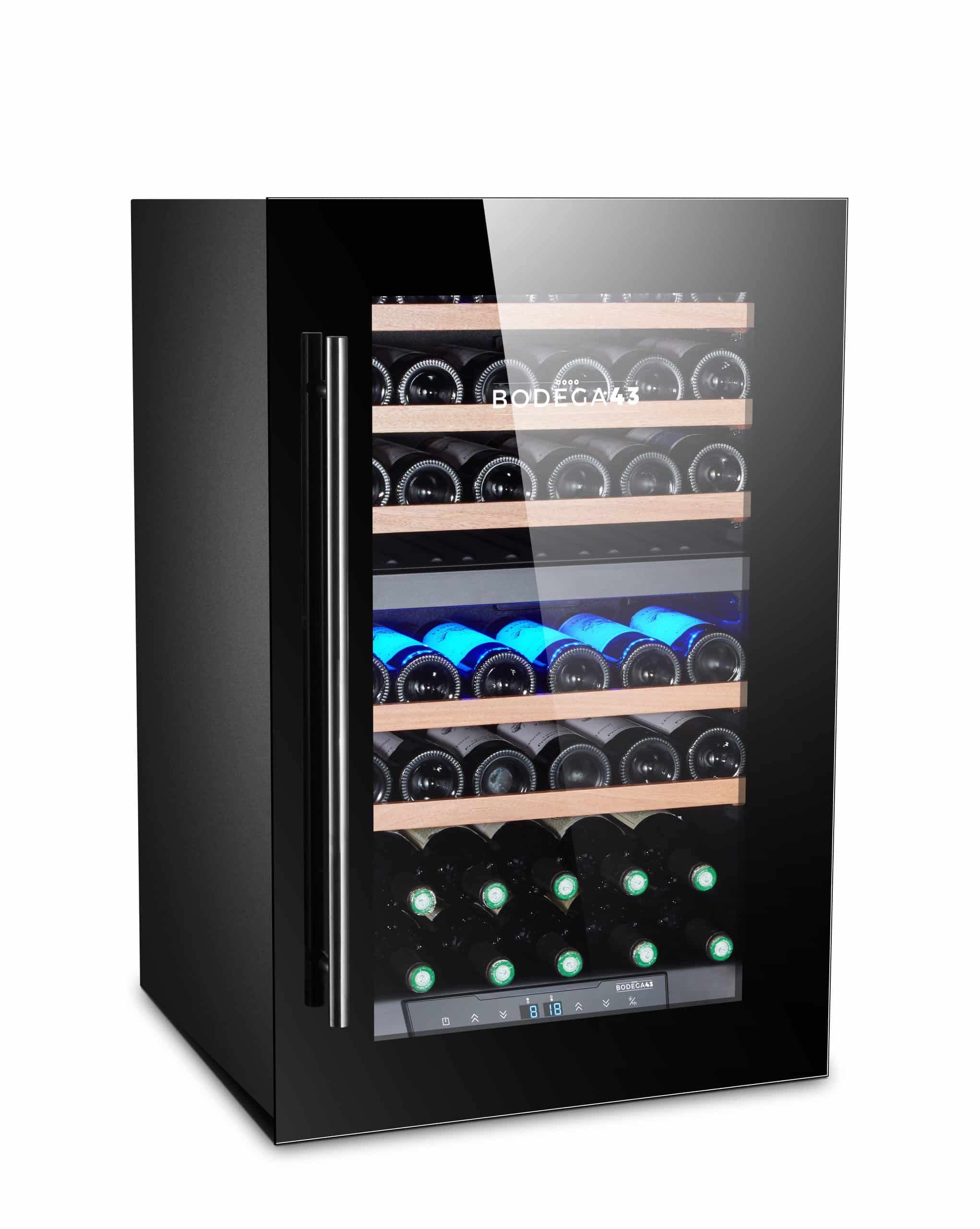 BODEGA43-42 Einbau Weinkühlschrank - Luxuriöse Weinklimaschrank mit 2 Zonen und digitalem Temperaturdisplay - 42 Flaschen, Vollglas-Designtür, 40 dB, 5 Ausziehbare Schubladen aus Birkenholz - 2