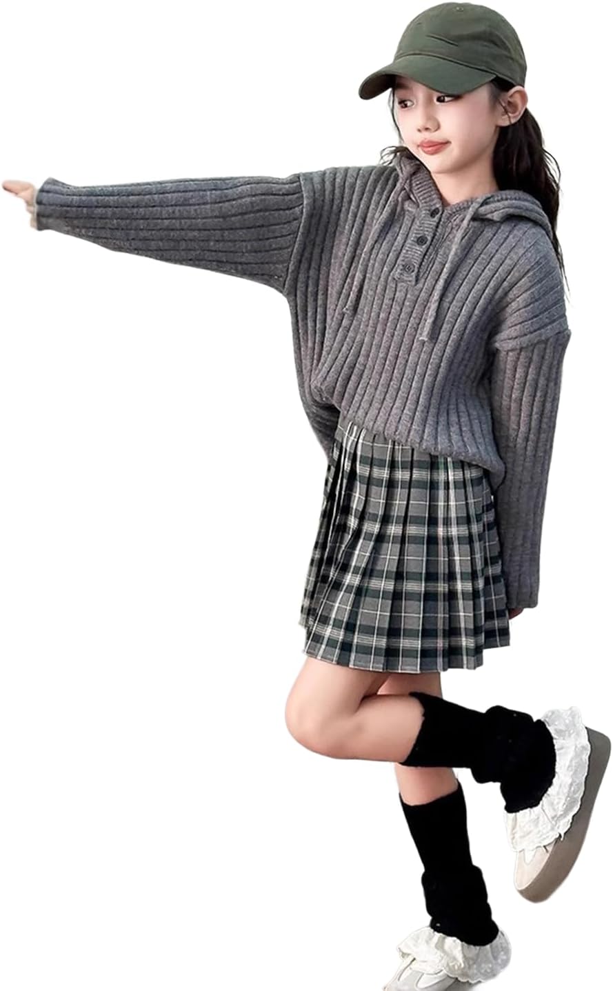 [HONGHXUAN] 子供服 女の子 セットアップ フード付き セーター プリーツスカート 2点上下セット 長袖 ジャージ ニット