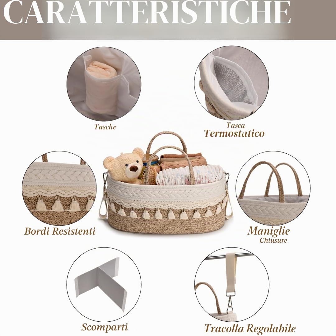 SEBRAM Organizer Fasciatoio per Neonati – Organizer Pannolini Beige Boho, Cesta Fasciatoio Neonato con Tracolla Regolabile & Tasche Termiche/Include maniglie bianche (vedi video)