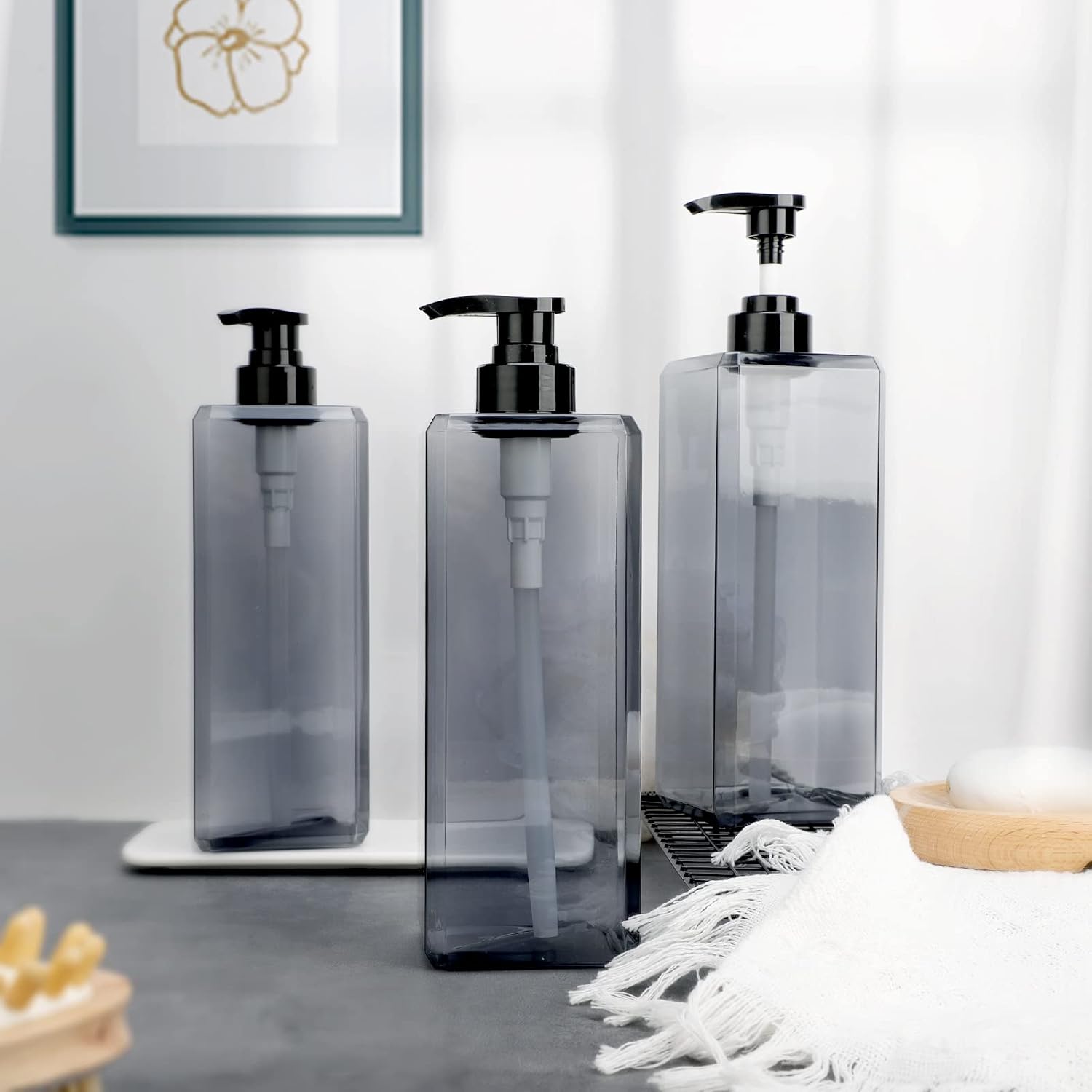 Suream 33.8oz Refillable Shampoo Bottles for Shower, 3Packs 1000ml Large Empty Pump Dispenser with 4PCS Lables for Shampoo, Body Soap, Hand Soap, Conditioner, for Bathroom, Kitchen, Hotel, Salon, SPA