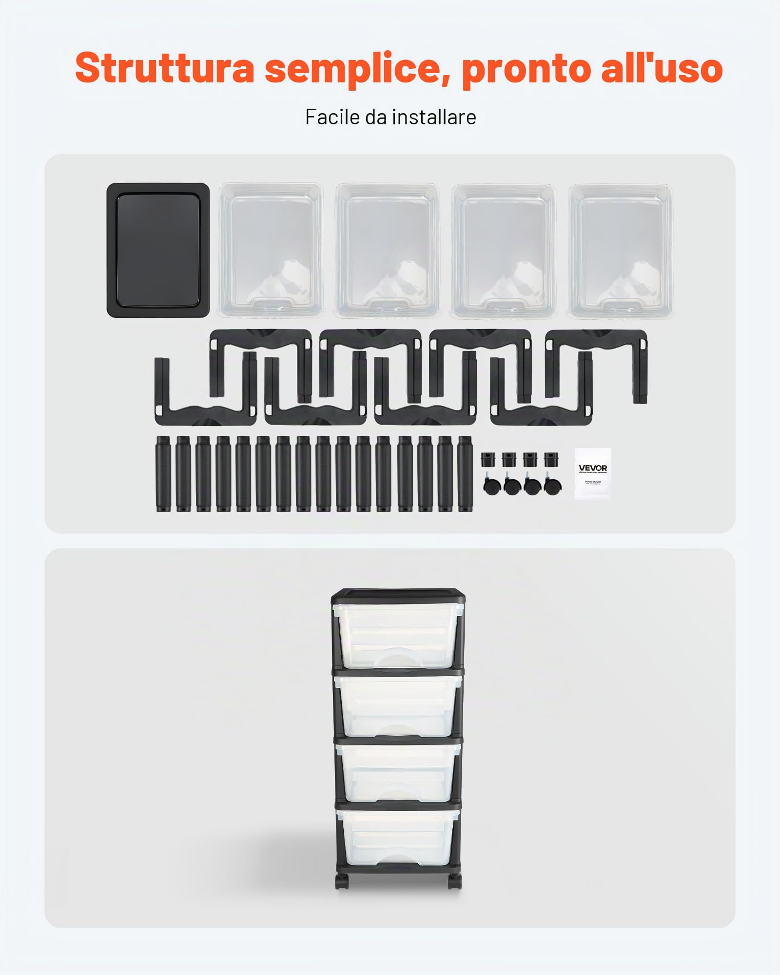 VEVOR Carrello Portaoggetti in Plastica con 4 Cassetti, Torre Portaoggetti su Ruote, Scatola Mobile a 4 Livelli, Contenitore Trasparente per Forniture di Ufficio, Aule, Laboratori Artigianali