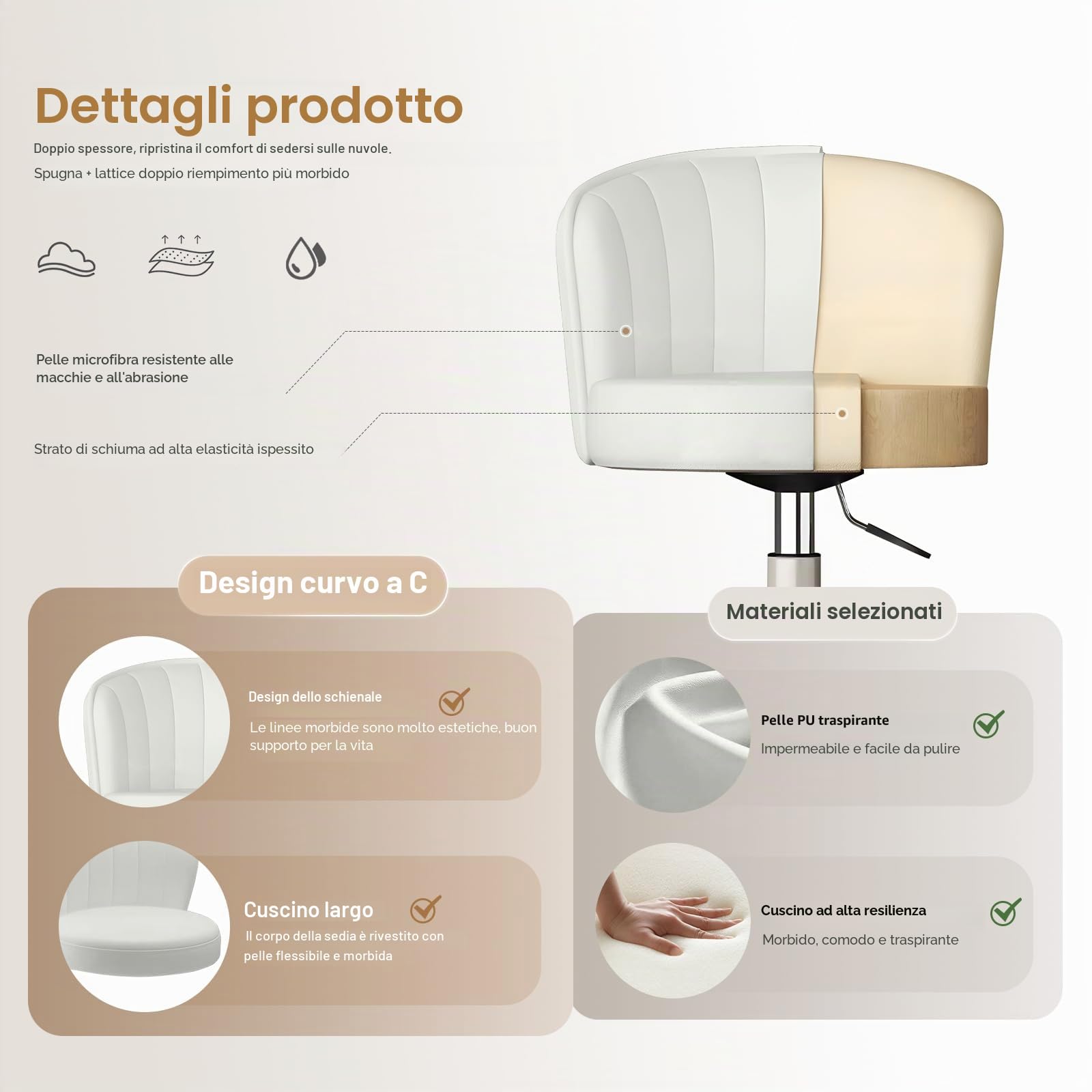 Sgabello da ufficio compatto, elegante sgabello da toeletta senza braccioli, sedia girevole regolabile in altezza Sedia da lavoro per computer Sedute per camera da letto