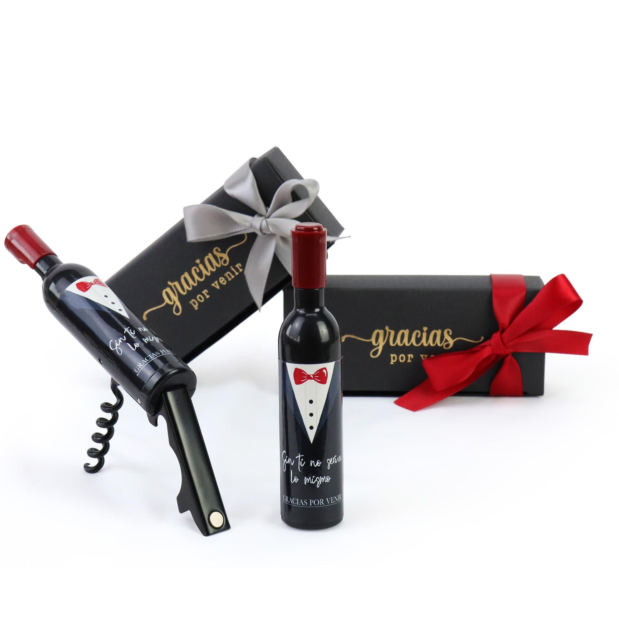 Pack de 12 a 42 uds, Sacacorchos botella de vino, Abridor forma de mini botella, Diseño smoquin, Con o sin envoltorio, 11 cm, Detalles para Boda, Regalantes (30, Con envoltorio, lazo surtido)