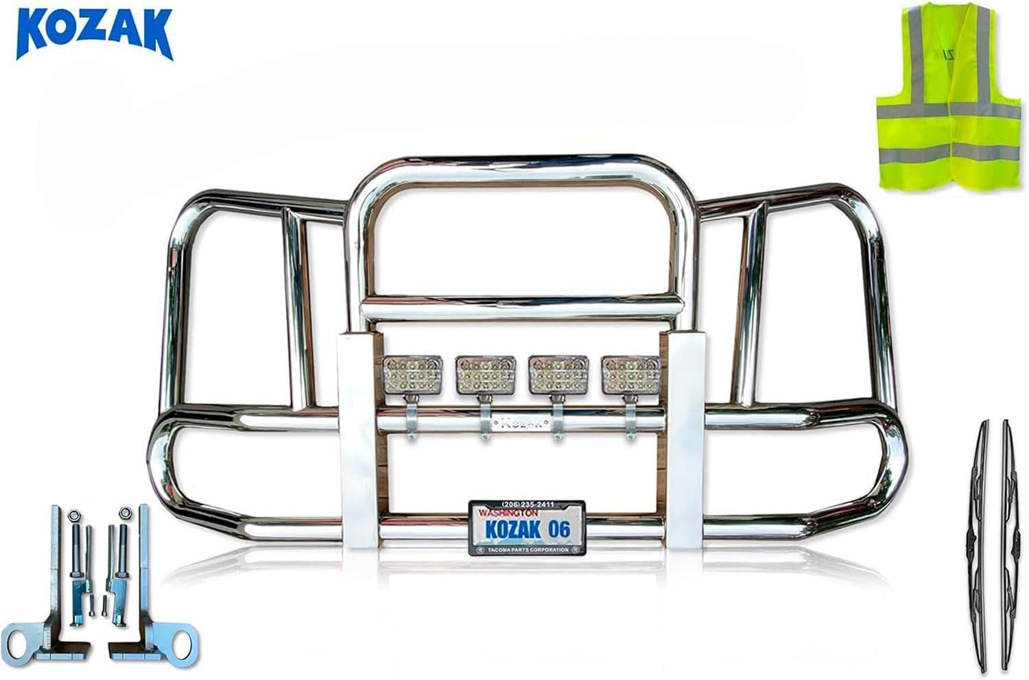 Compatible with Kenworth T660 Front Grille Deer Moose Brush Bumper Guard Large Square PLUS Logo, 4x 6" 60 LED Headlight, 2x 22" Windshield Wipers, License Plate Holder and Frame, Reflective Vest