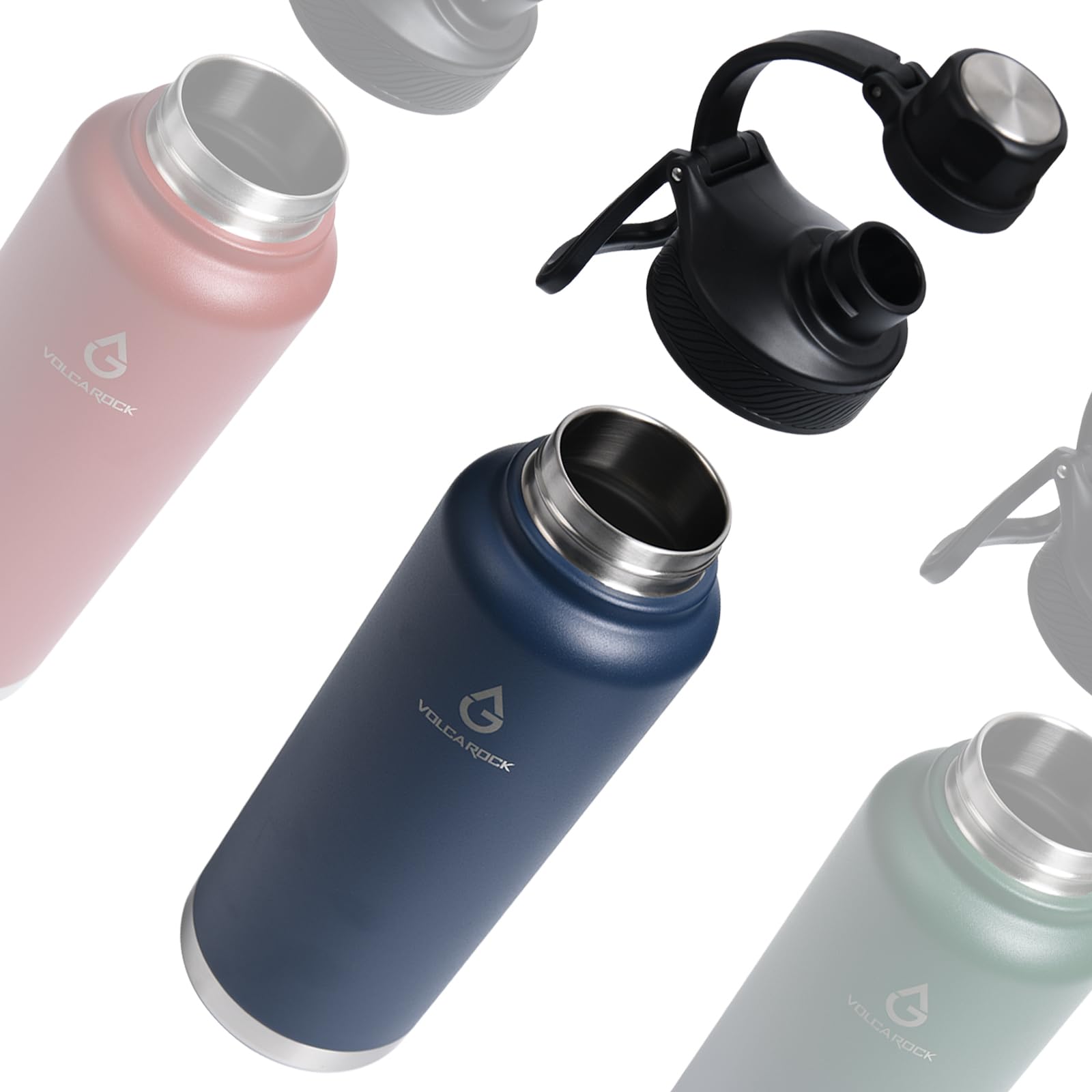 VOLCAROCK Sports Water Bottle 24/32/40/64Oz with Straw Lid Dustproof, 3 Lids, Vacuum Insulated Stainless Steel, Simple Thermo Flask, Modern Double Wall Hydro Metal Canteen- 40 Oz Navy Blue