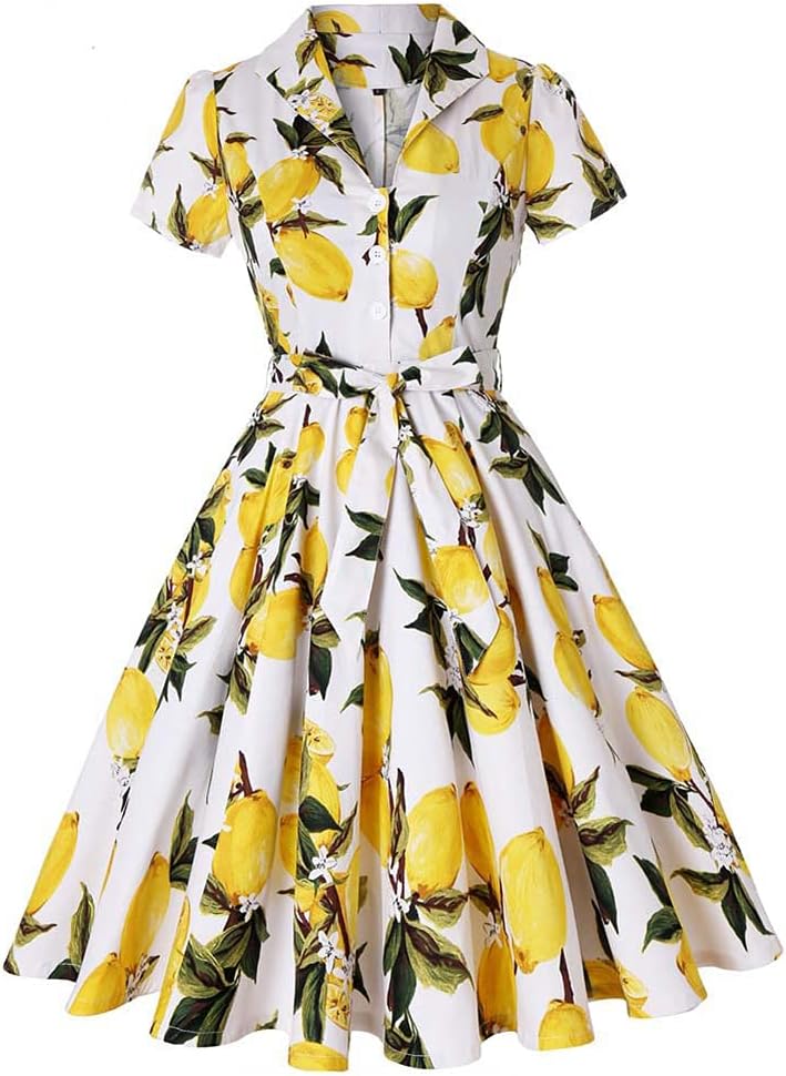Women Notch Lapel Vintage Short Sleeve V-Neck Cocktail Swing Dress Fruit Lemon Print 50s 60s Audrey Hepburn Rockabilly Prom Dress Button up A Line Wedding Party Evening Dress with Belt Yellow Large
