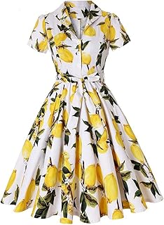 Women Notch Lapel Vintage V-Neck Cocktail Swing Dress 50s 60s Button up 1950s Rockabilly Prom Midi Evening Dress with Pockets