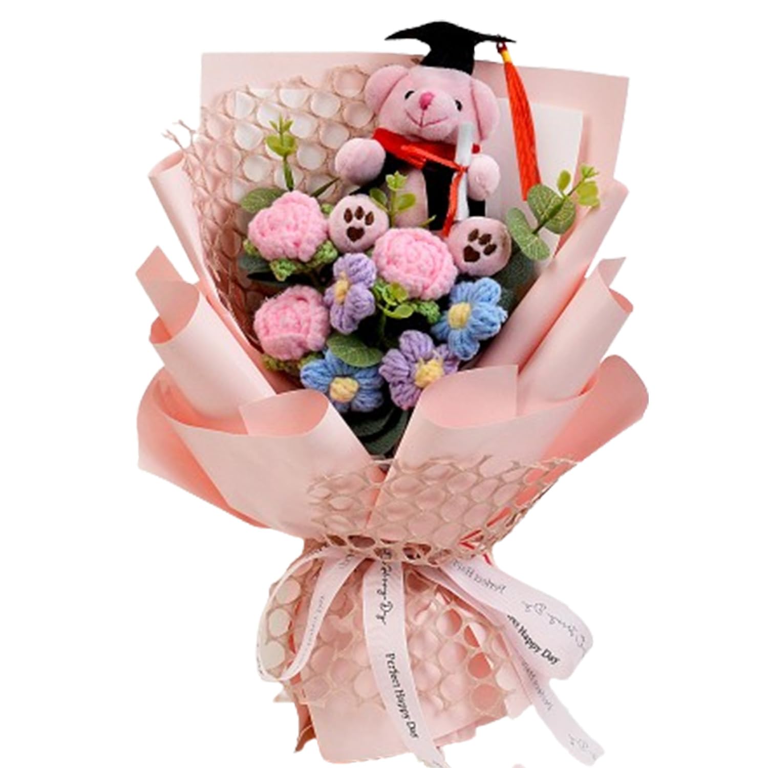 Croflorya Handmade Graduation Crochet Sunflowers Bouquet - Artificial Knitted Fabric Sunflower Rose Daisy Flowers & Bear Bouquet Kit for Gifts/Boys Graduation Birthday Teacher's Day Christmas (Pink)