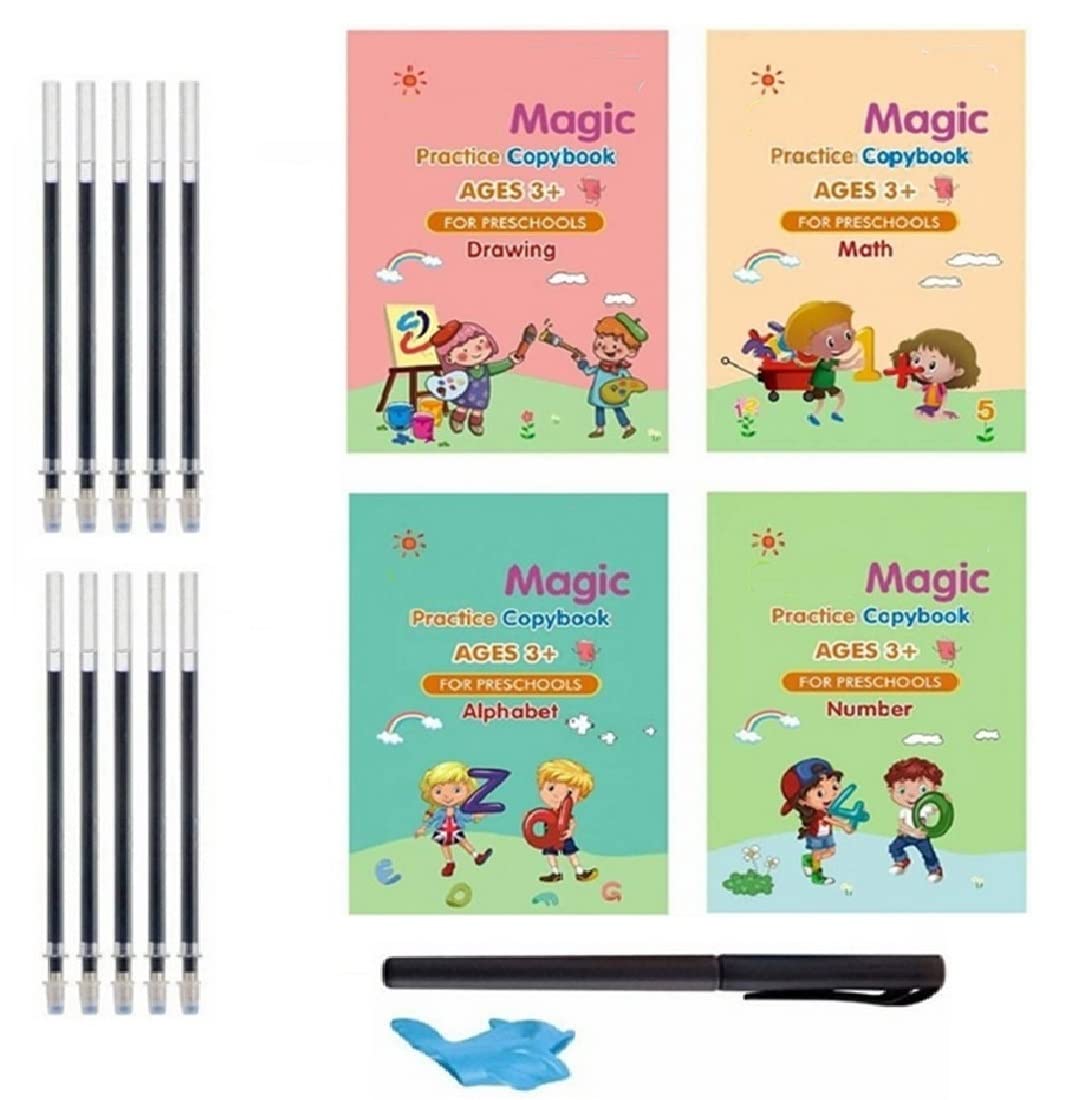 Practice Magic Book (4 Book + 10 Refill + 1 Pen +1 Grip), Practice Copybook, and Number Tracing Book for Preschoolers with Pen, Calligraphy Book Set with Writing Refill