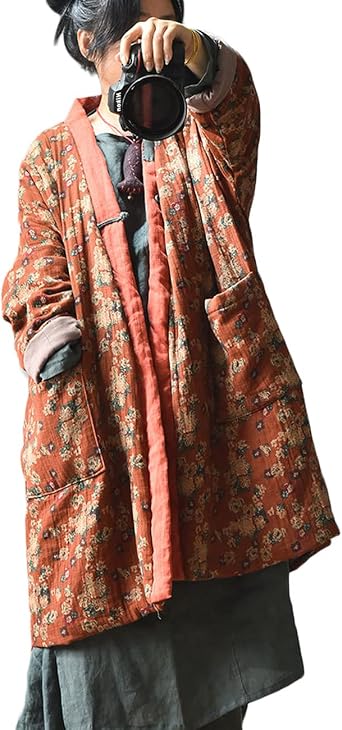 NFYM Women Vintage Print Floral Parkas Cotton Linen Hippie Coats Button V-Neck Warm Quilted Long Jackets