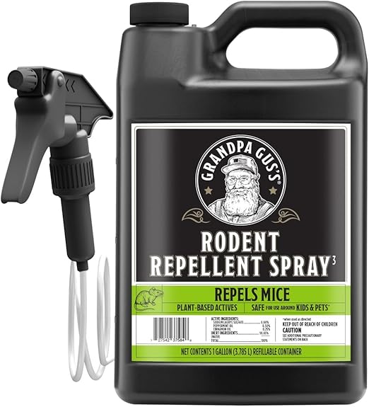 Grandpa Gus's Rodent Repellent Spray with Sprayer, Natural Peppermint & Cinnamon Oils Repel Mice and Stop Rats, 1 Gallon (Pack of 1)