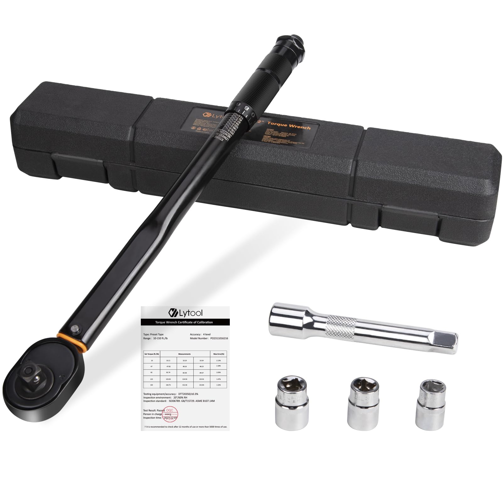 Torque Wrench, Lytool 1/2 Inch Drive Click Torque Wrench Set 10~150 Ft-Lb/13.6~203.5 Nm, with 3 Sockets (17/19/21mm) and 1 Extension Bar (5"), for Motorcycles and Automobiles