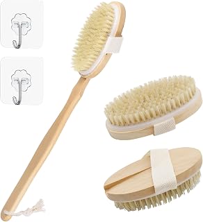 Trockenbürste Körper & Duschbürste Rücken Set Rückenbürste mit Langem Stiel | Abnehmbare 2-in-1 Massagebürste mit Naturborsten, Badebürste für Trockenbürsten-Lymphdrainage & Cellulite, mit Klebehaken