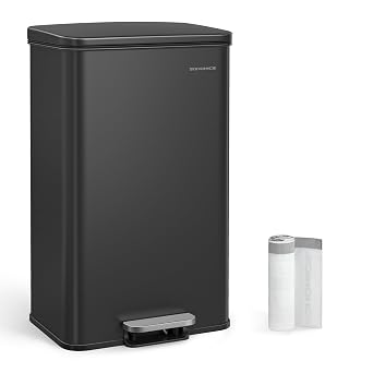 SONGMICS Kitchen Bin, 10.5 Gallon 40L Rubbish Bin, Large Step Bin with Lid, Steel, Soft Close, 15 Liner Bags Included, Black LTB540B4002