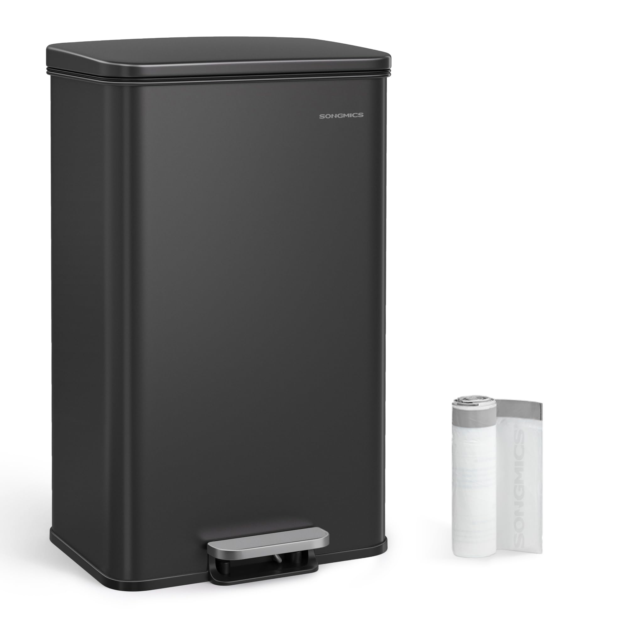SONGMICS Mülleimer Küche, 40 Liter Abfalleimer, großer Tretmülleimer, mit Deckel, aus Stahl, Softclose, inklusive 15 Müllbeutel, schwarz LTB540B4002