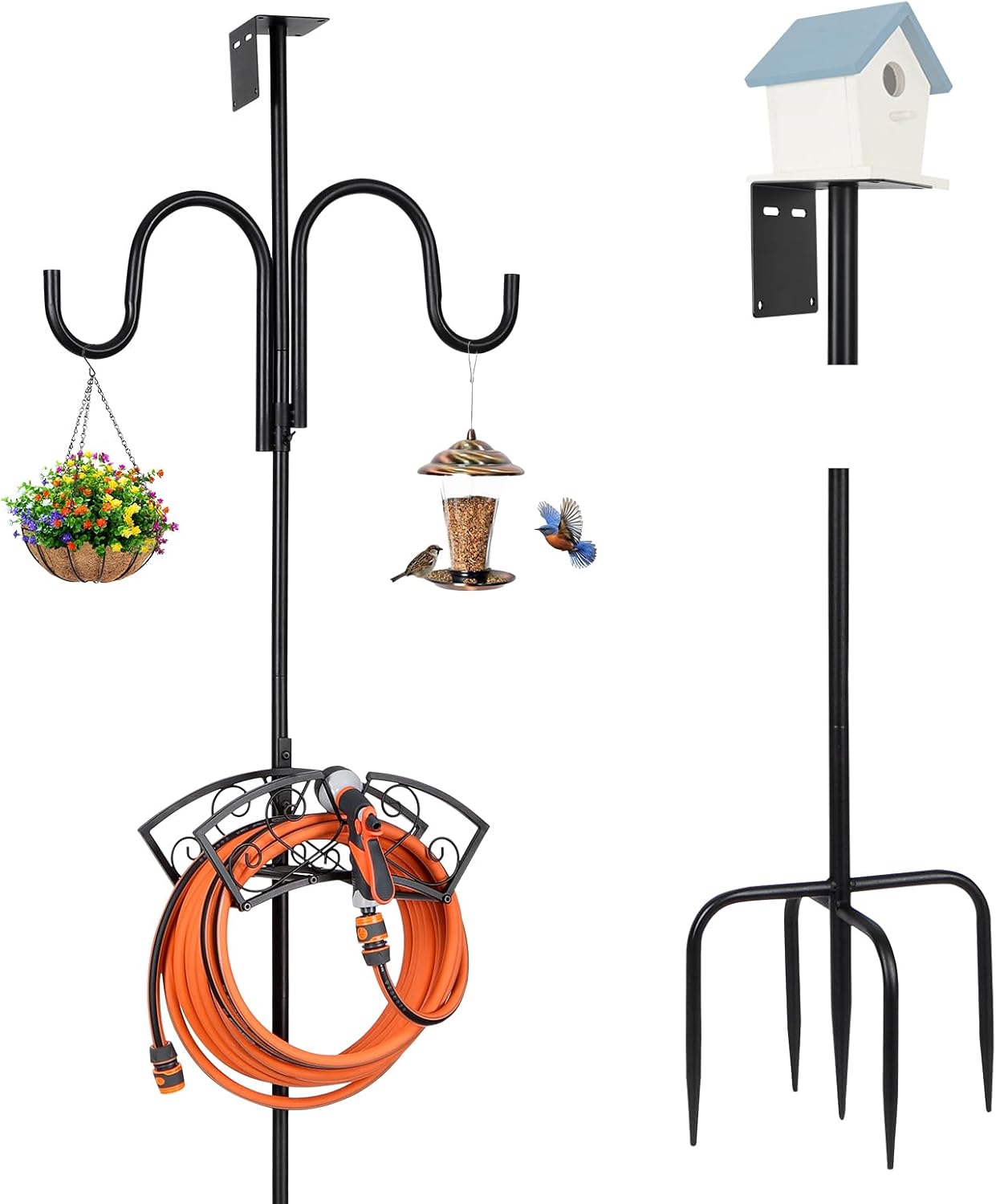 Upgraded Garden Hose Holder, Freestanding Water Hose Holder, Double Shepherds Hooks for Outdoor, Adjustable Hose Stand with 5 Spikes Heavy Duty Metal Bird Feeder Pole for Outside Yard Lawn