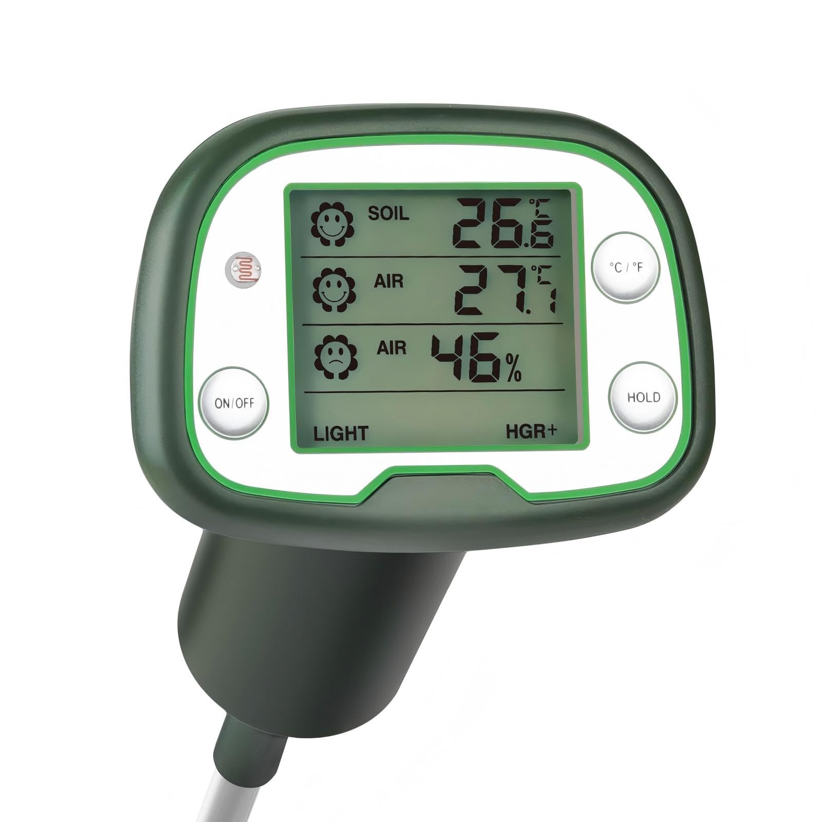 Soil Tester, Soil Moisture/pH Meter, Soil Thermometer, Light, Air Temperature & Humidity Meter, Gardening Farm Lawn Test Kit Tool, for Gardening, Farming,Plants