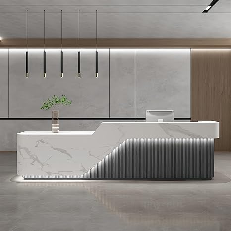 L Shape Reception Desk - Modern Front Desk with Counter and Hidden LED Light, No Assembly Required, Solid Wood Retail Counter- Perfect for Office, Checkout Counter & Retail Counter Use