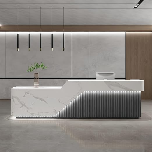 L Shape Reception Desk - Modern Front Desk with Counter and Hidden LED Light, No Assembly Required, Solid Wood Retail Counter- Perfect for Office, Checkout Counter & Retail Counter Use