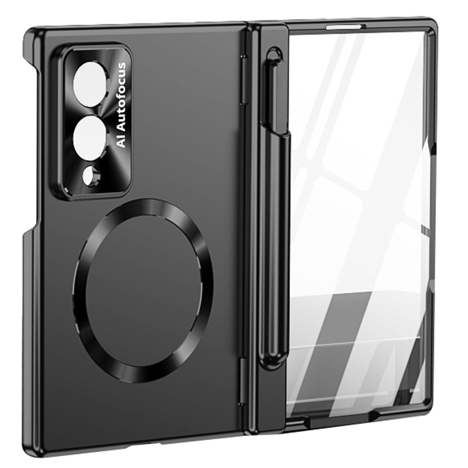 Custodia Magnetica Per Samsung Galaxy Z Fold 8, Vetro Penna Cerniera Carica | Cover slim anti-ingiallimento con penna e vetro. Cerniera placcata, carica wireless, antishock(Black)