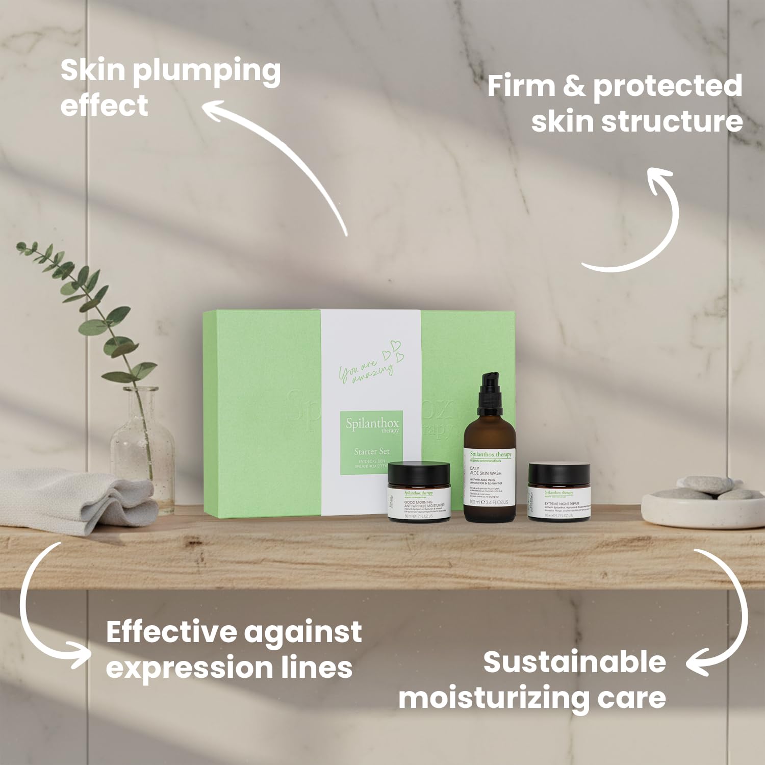 Spilanthox therapy - Starter Set - Mit Anti Wrinkle Moisturizer (30ml), Aloe Skin Wash (100ml), Eye Lifting Fluid (15ml) & Night Repair (50ml) - Anti-Aging Gesichtspflege mit Spilanthol & Hyaluron