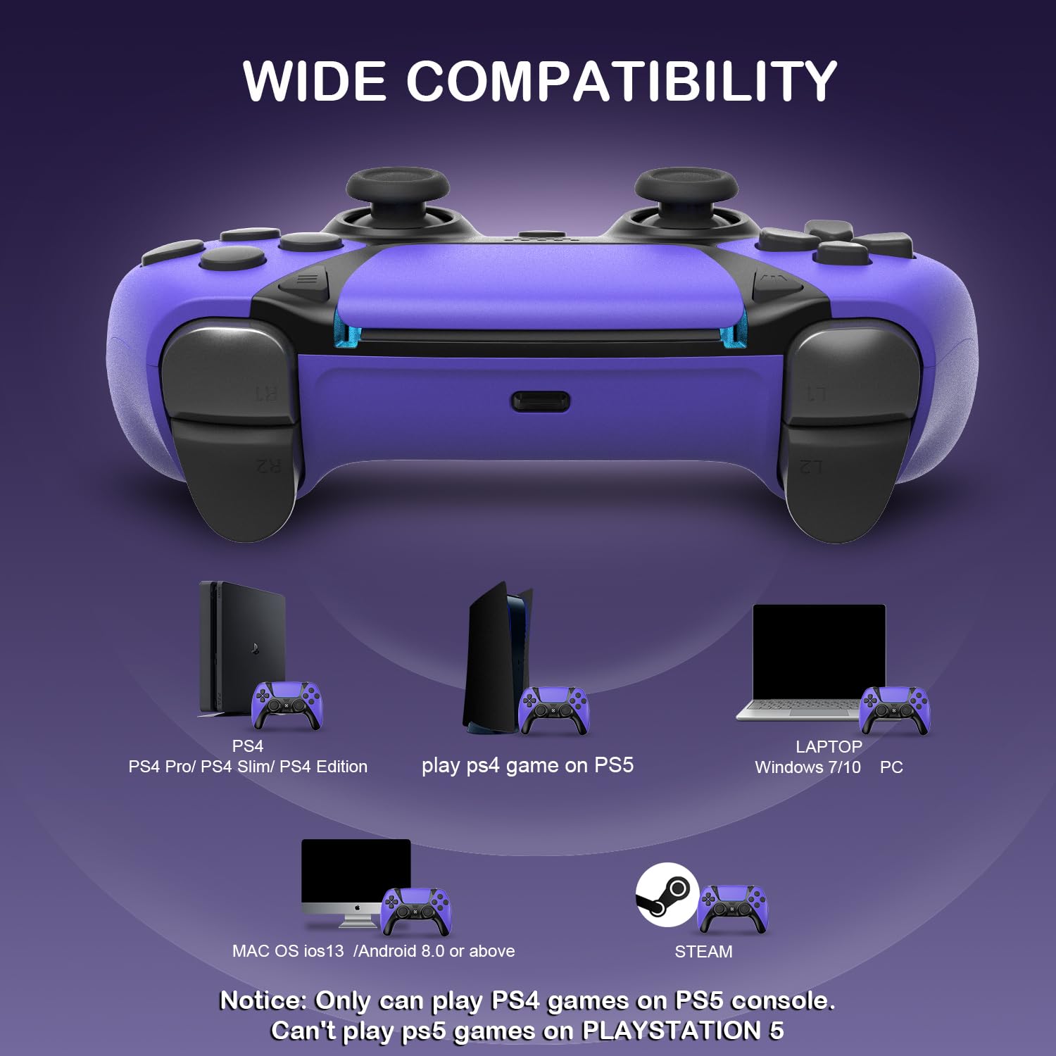 Wireless PC Controller for PS4/Slim/Pro Controller, Ymir Mando for Playstation 4 Controller with Turbo/Back Paddle/Upgraded Joystick, Gamepad Remote Supports PC/PS4/Steam/iOS/MAC/FireTV/Tesla - Purple