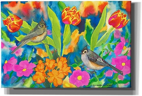 Epic Graffiti Carissa Luminess, arte de pared en lienzo con texto en inglés "Titmouses and Tulips" (18 x 12 pulgadas)