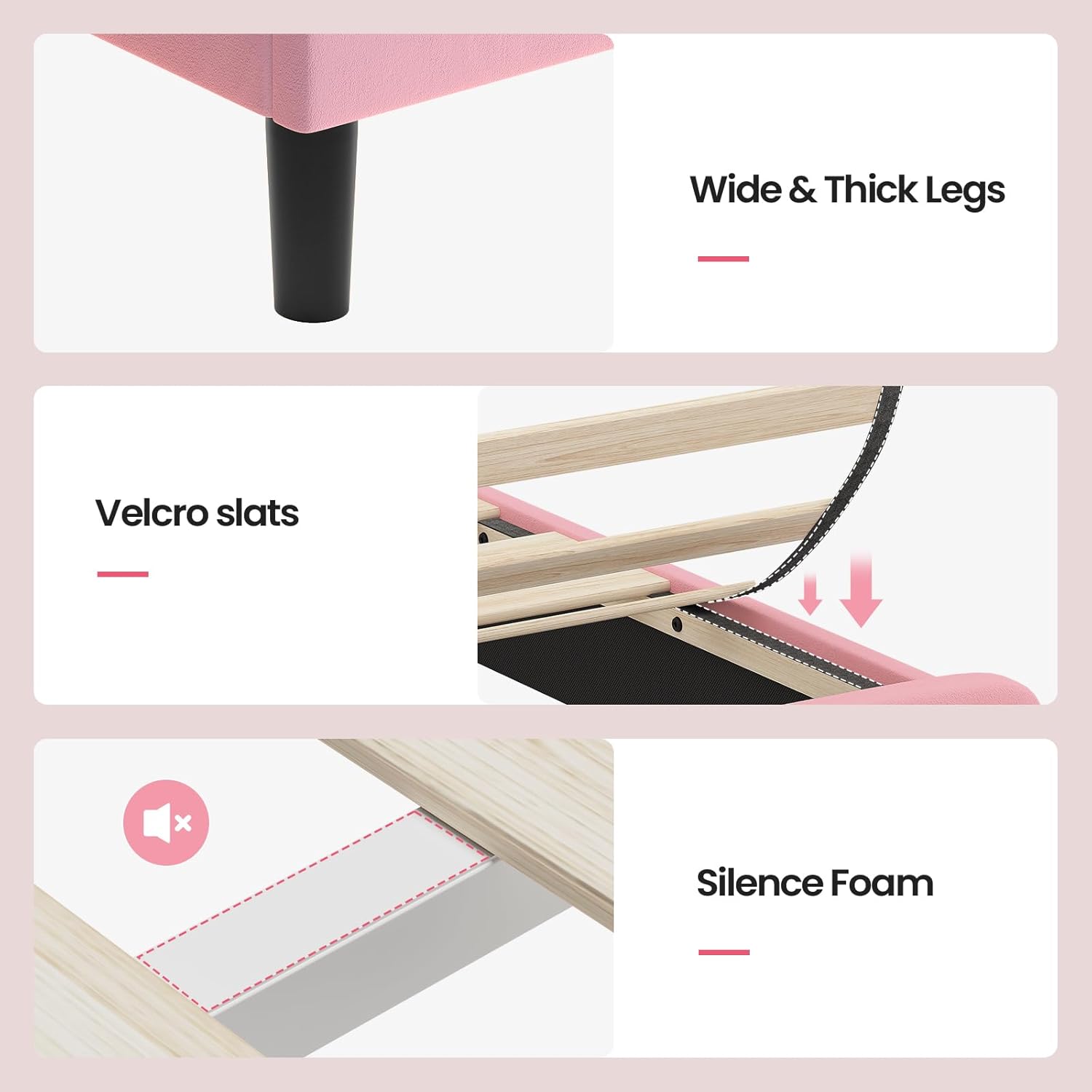 ADORNEVE Twin Size Bed Frame with LED Lights,Velvet Upholstered Platform Bed for Girls,Princess Bed with Safety Guardrail,Headboard with Charging Station & Hidden Storage,No Box Spring Needed,Pink