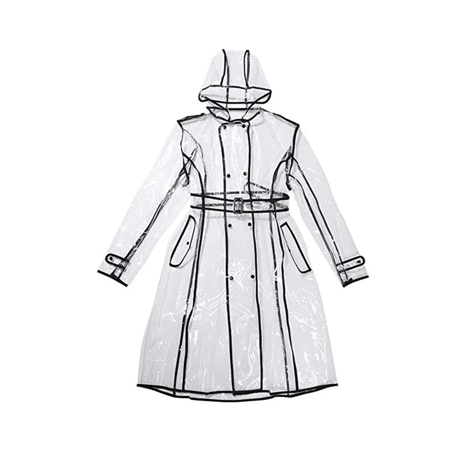 Poncho Antipioggia Impermeabile con cappuccio e cintura, impermeabile, in plastica trasparente, lungo, da donna, da uomo