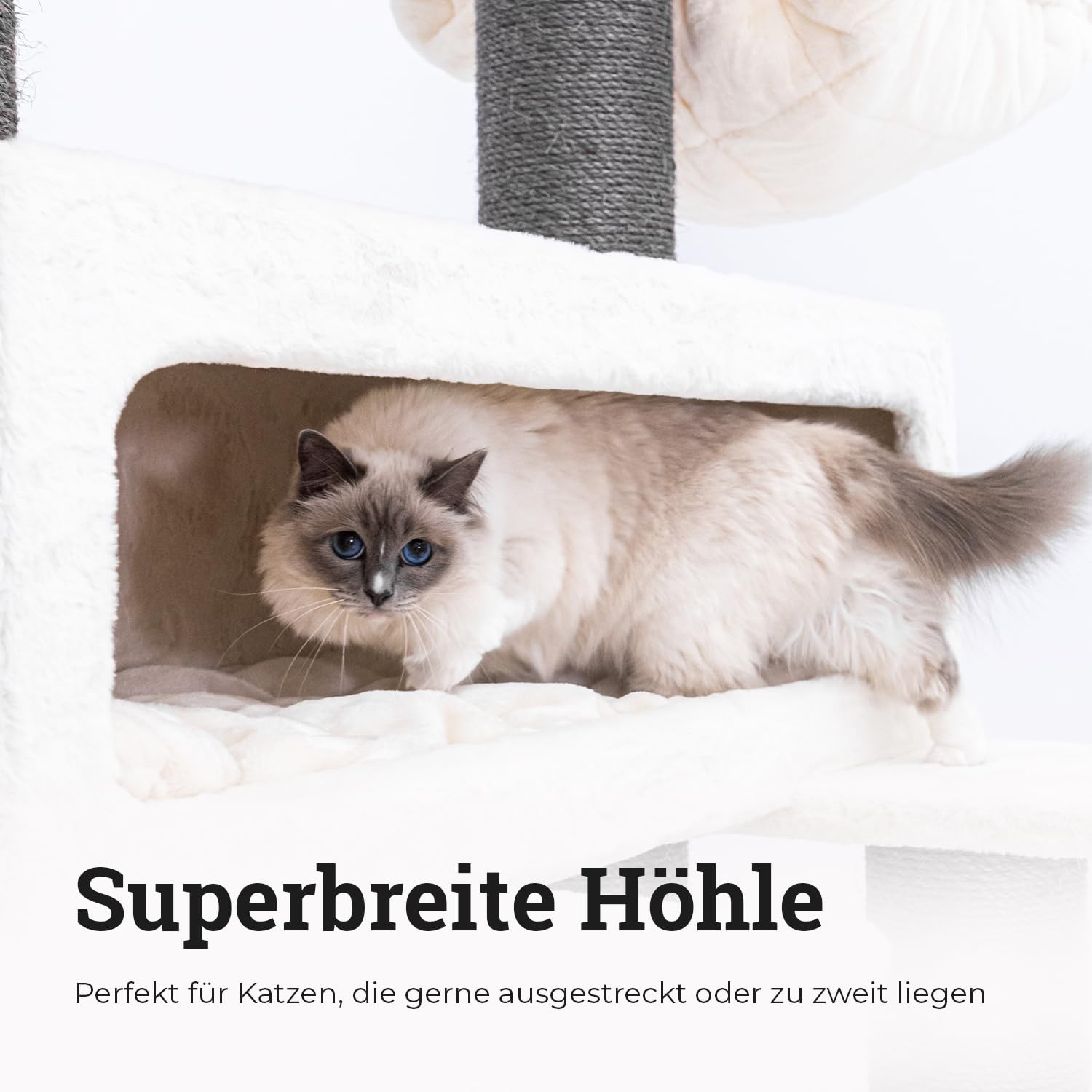 Petrebels XXL Kratzbaum Grosse Katzen Stabil Lookout 198 cm, Off-White | für Maine Coon & große Katzen, Ø 15 cm dicke Stämme, mit XL Hängematten, Schlafhöhle, Loungesofa & extra dicke Bodenplatte