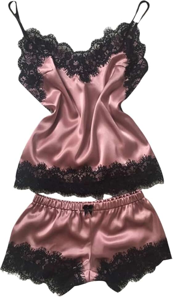 Conjunto de pijama feminino – Roupa de dormir feminina sem mangas sexy de cetim renda decote em V