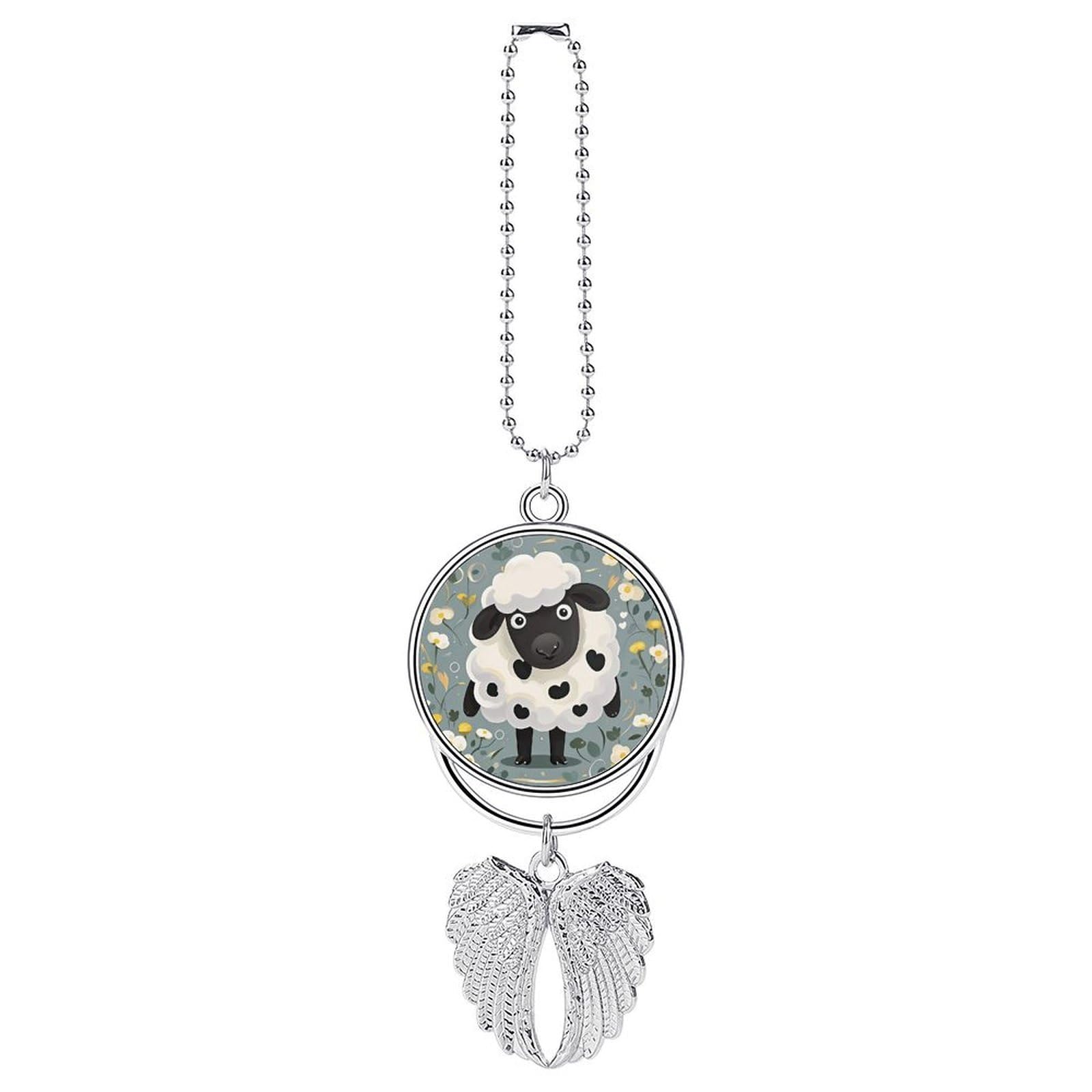 Cartoon Black White Sheep Car Charm, Alloy Rear View Mirror Pendant, Bling Funny Car Hanging Ornament Gift for Women Men, Car Pendant Lucky Auto Interior Decoration Accessories Silver-Style