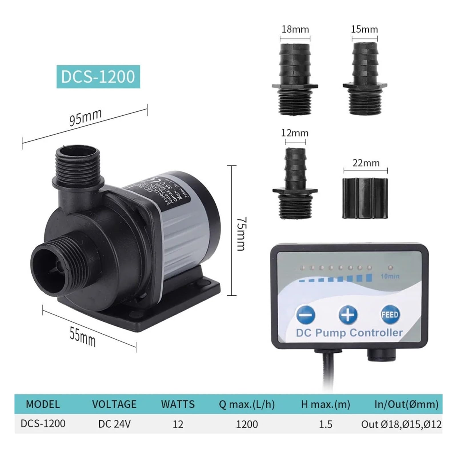 Regulowana mała pompa zanurzeniowa DC 24 V, pompa zanurzeniowa z regulowanym przepływem, do akwarium, ciche, energooszczędne pompy (24 V, 12 W-1200)