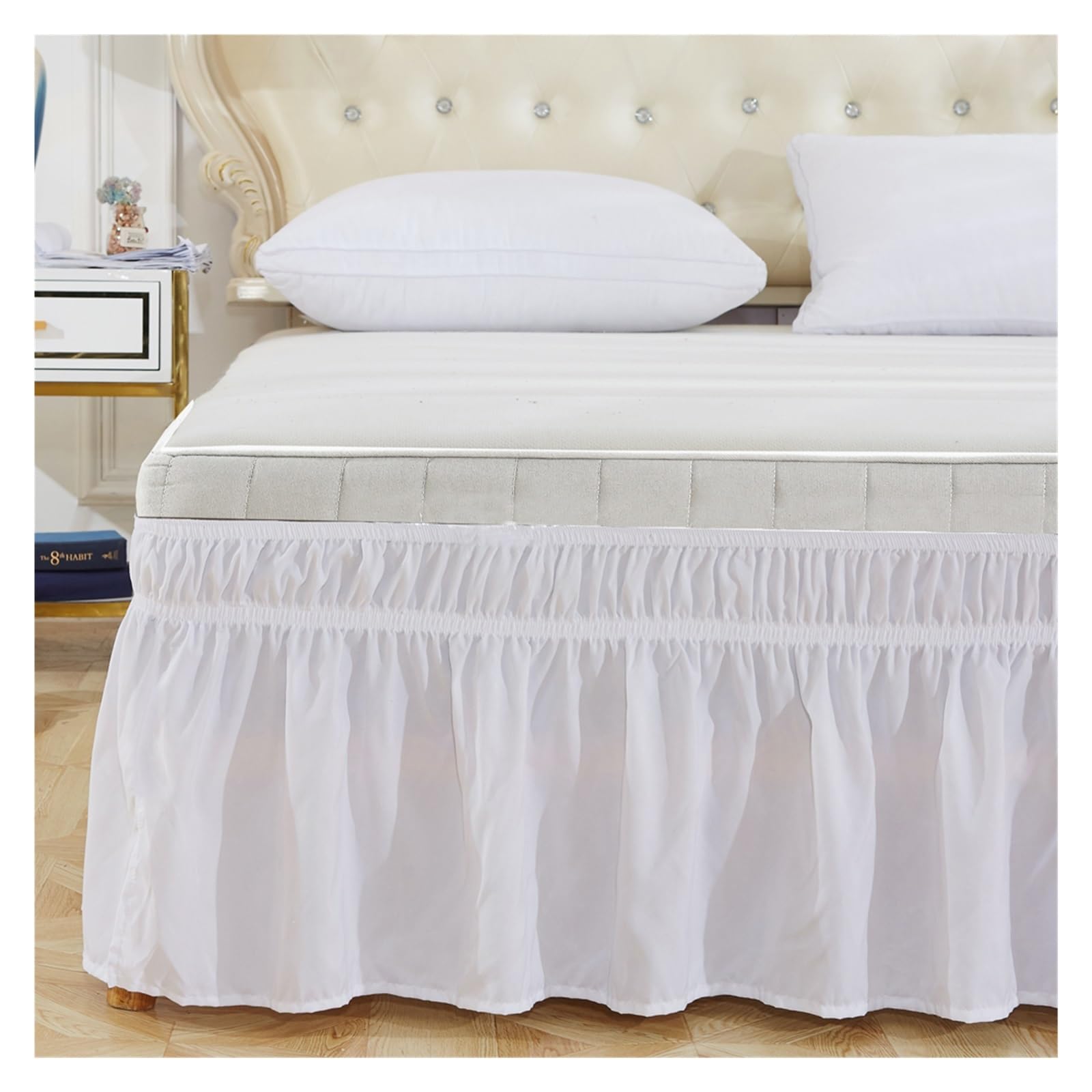 Cubre Canape 150x190 Falda de Cama elástica con Volantes, cómoda, Envolvente, Resistente a la decoloración, Faldas Color sólido, Doble tamaño Queen King(White,Queen)