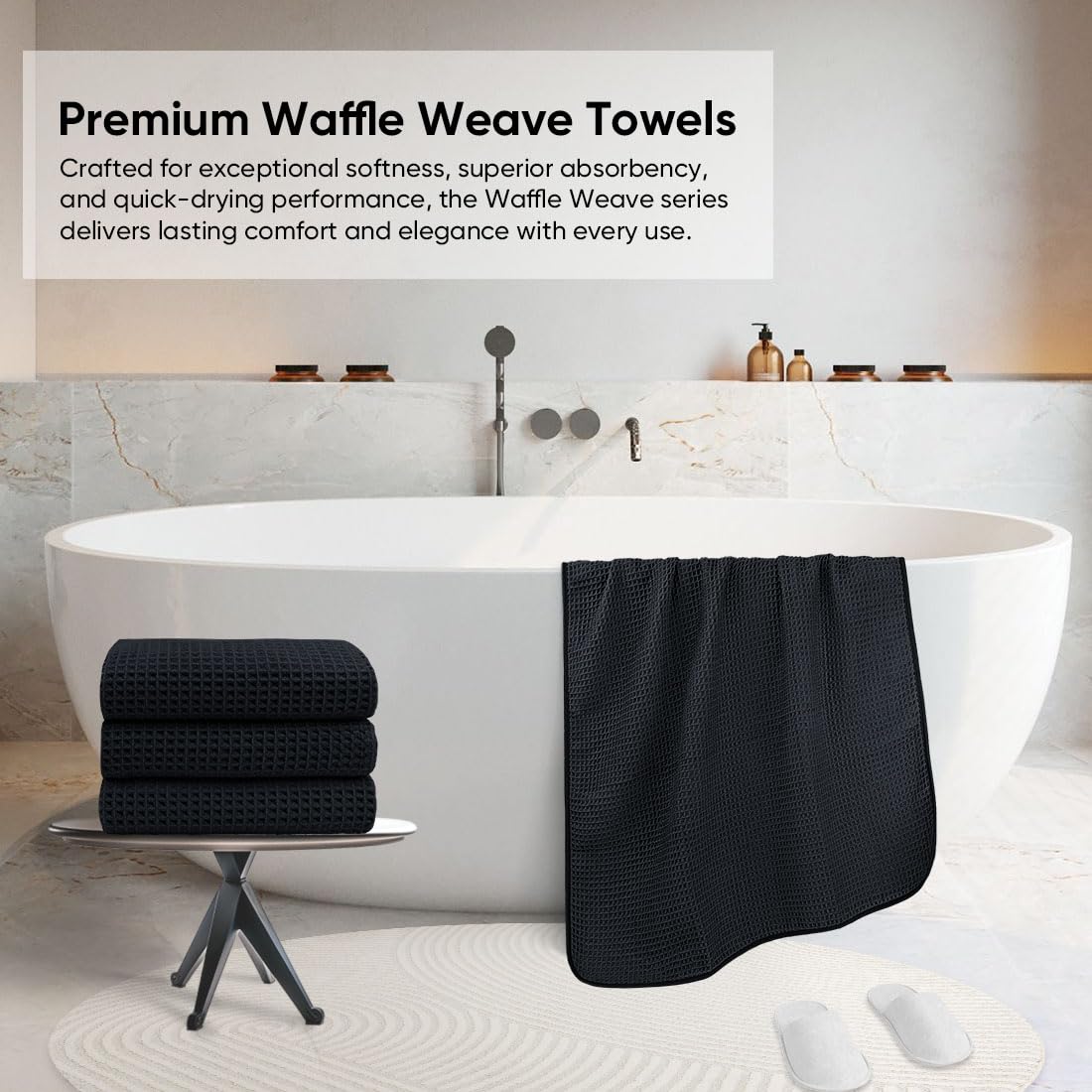 HOMEXCEL Set di 4 asciugamani da bagno a nido d'ape, in microfibra di alta qualità, leggeri, altamente assorbenti e ad asciugatura rapida, per bagno, palestra, doccia, hotel e spa, 68 x 137 cm, nero