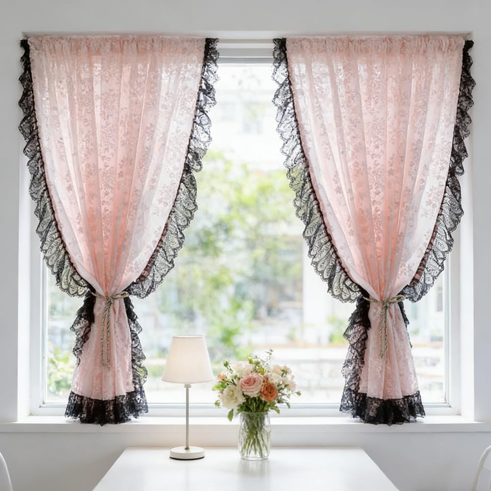 Princess Style Blush Pink Floral Lace Sheer Curtain Vintage Ruffled Black Lace Trim Short Curtain for Daughters Bedroom/Nursery Decor Retro Weave Knitted Kitchen Valance Rod Pocket 2 Panel 59Wx49L