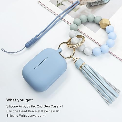 Vista 6 de Funda compatible con Airpods Pro de 2ª generación 2022, funda protectora de silicona suave con llavero de pulsera para Apple Airpods Pro 2 funda