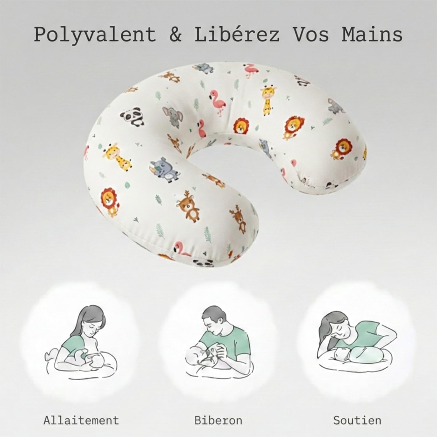 LivinEase Coussin d'allaitement pour allaitement et biberon – 100% coton certifié OEKO-TEX Coussin d'alimentation pour bébé housse lavable – Parfait pour le temps sur le ventre (Jungle)