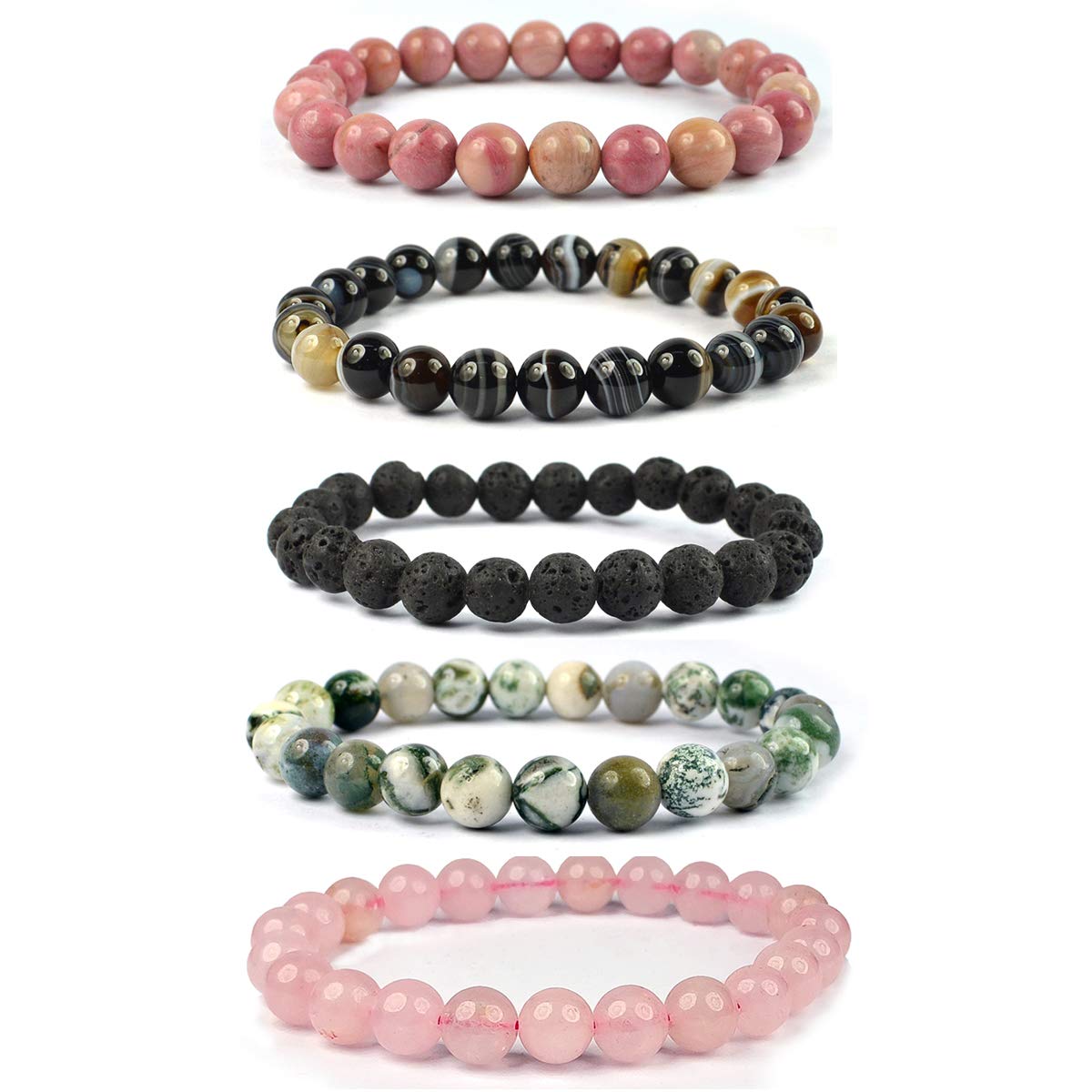 Reiki Crystal ProductsNatural Botswana Agate/Sulemani Hakik Rhodochrosite Rose Quartz Lava Tree Agate/Moss Agate Crystal Stone Bracelet 8 mm Beads Combo Bracelet Pack of 5 pc For Unisex Adult