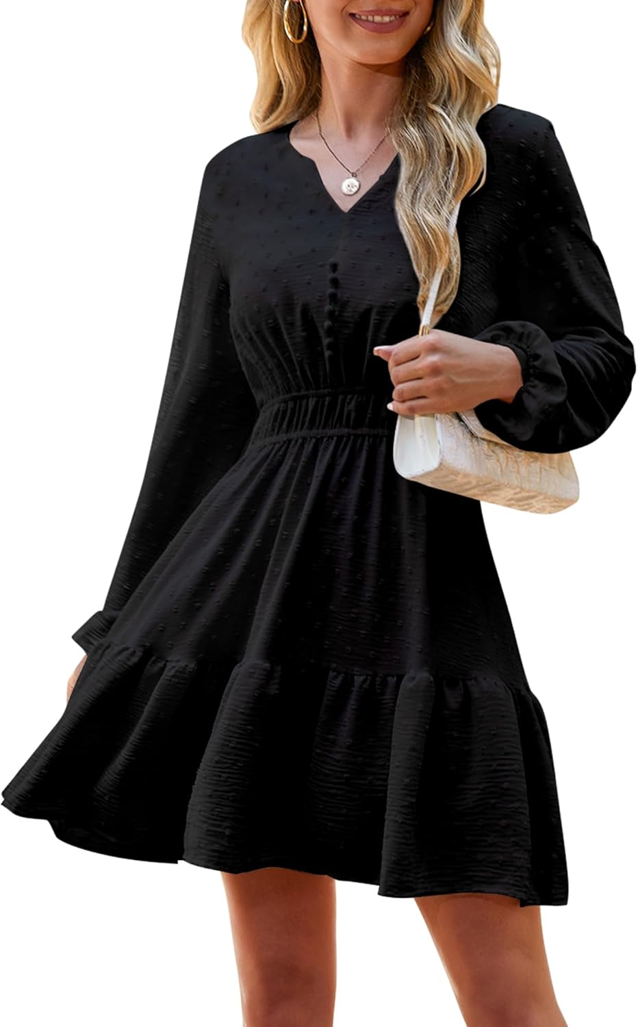 2026 Womens Mini Dresses Long Sleeve Casual V Neck Empire Waist Ruffle Swing A-Line Dress with Button Decoration