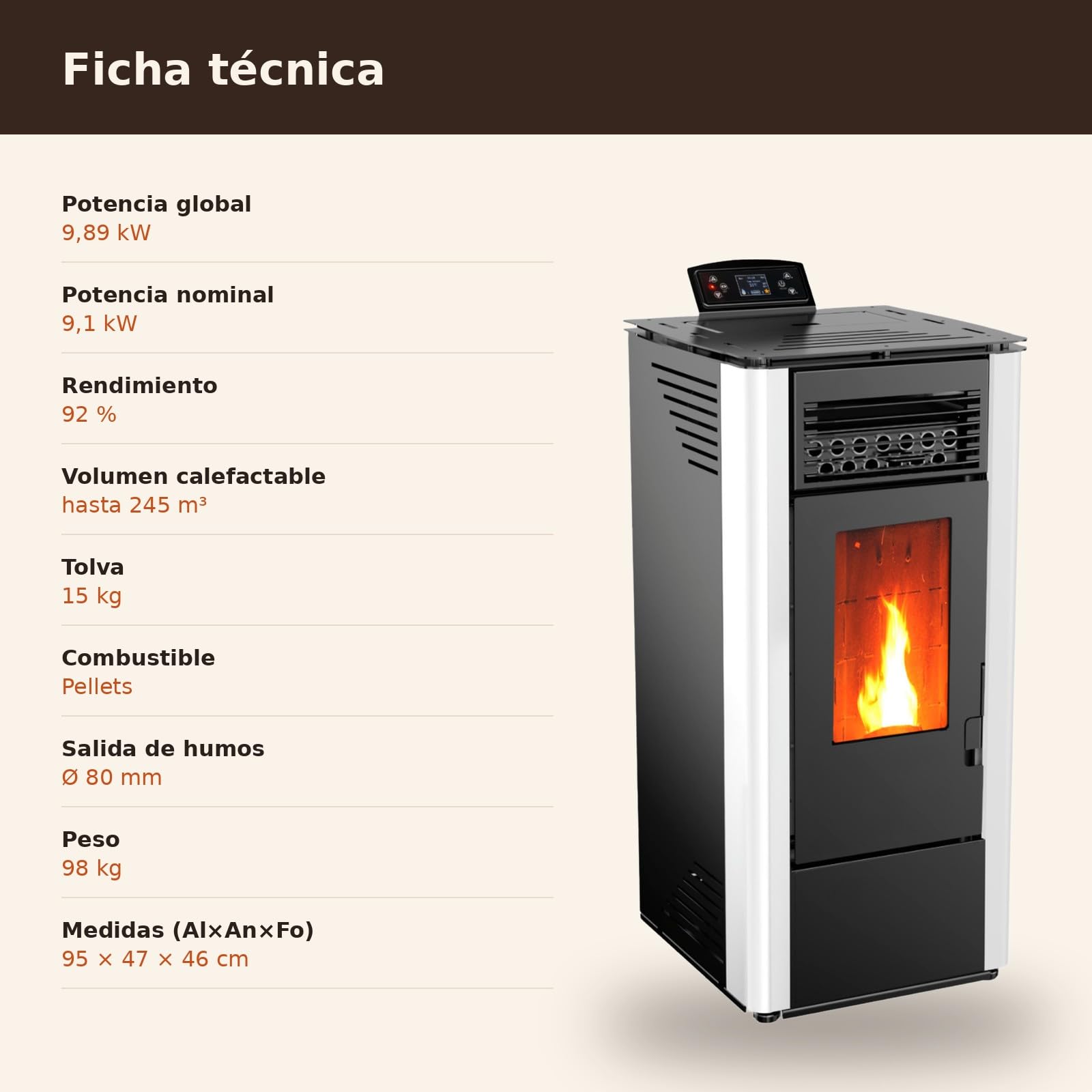 EIDER BIOMASA Estufa de Pellets KING 10 – 9,89 kW – Rendimiento 92% – Hasta 245 m³ – Tolva 15 kg – Programable WiFi – Encendido Rápido – Clase A+