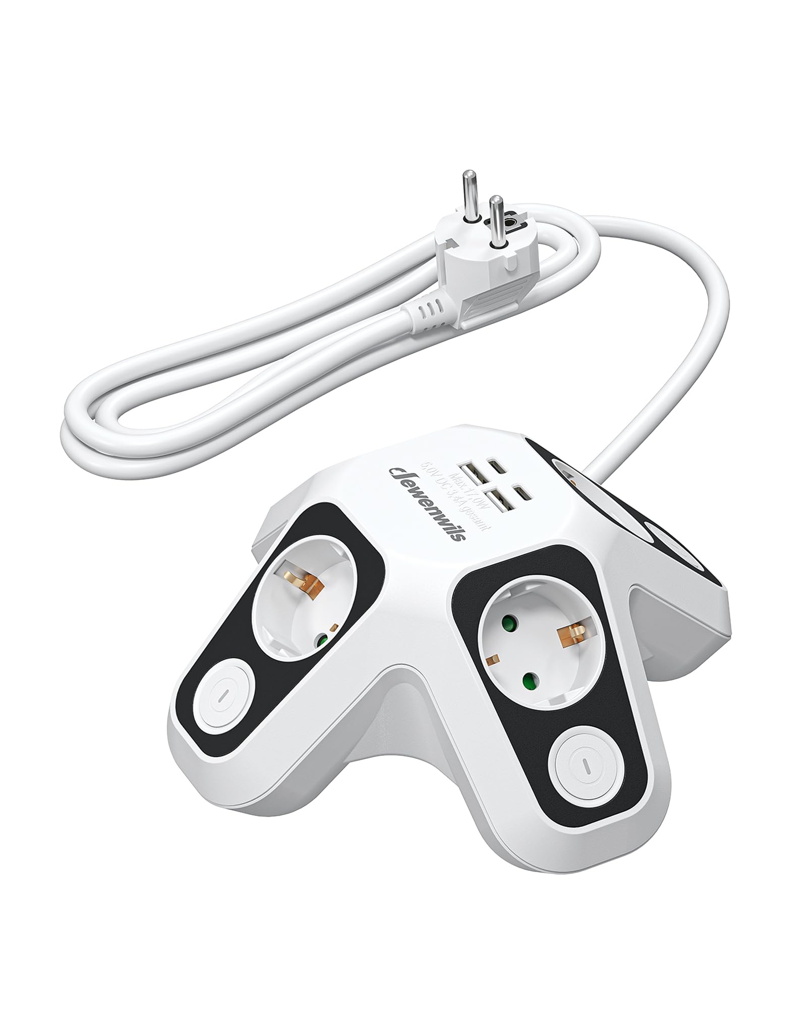 DEWENWILS Steckdosenleiste Einzeln Schaltbar, Mehrfachsteckdose mit 2 USB C + 2 USB A, Überspannungsschutz & Kindersicherung, 3680W/16A, 2m Kabel, Platzsparendes Design für Schreibtisch, Haushalt