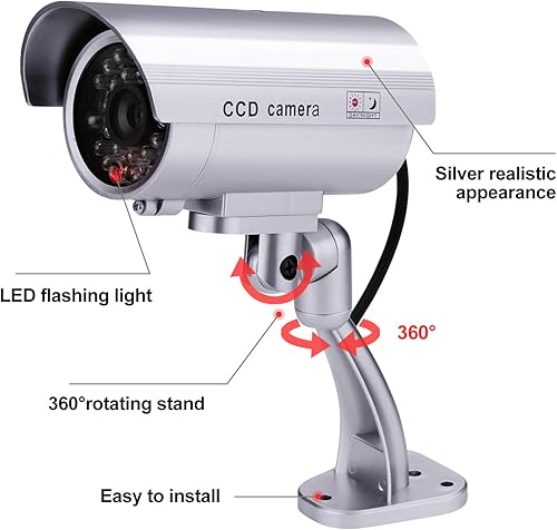 Miniatura 6 de FITNATE Cámara de seguridad falsa, 4 paquetes de sistema de cámara CCTV de seguridad de vigilancia falsa con luz LED roja intermitente para uso en