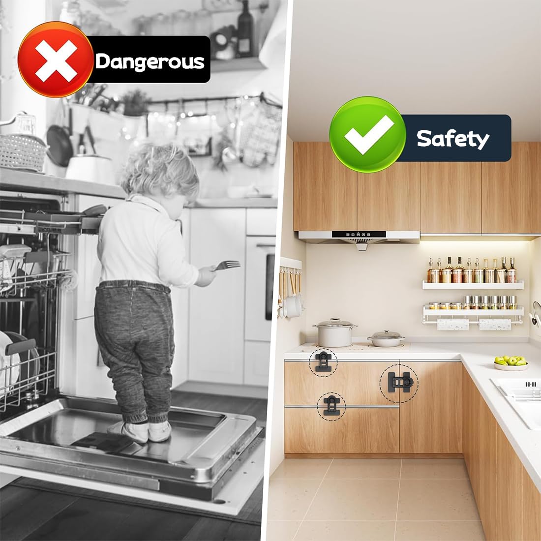 Serrure de Porte de Réfrigérateur pour Sécurité Enfant, 4 Pièces Noir Bloque Porte Bébé, Sécurité Placard Enfants Serrures, Securite Porte Enfant, Sans Perçage Pour Réfrigérateur, Frigo, Armoire