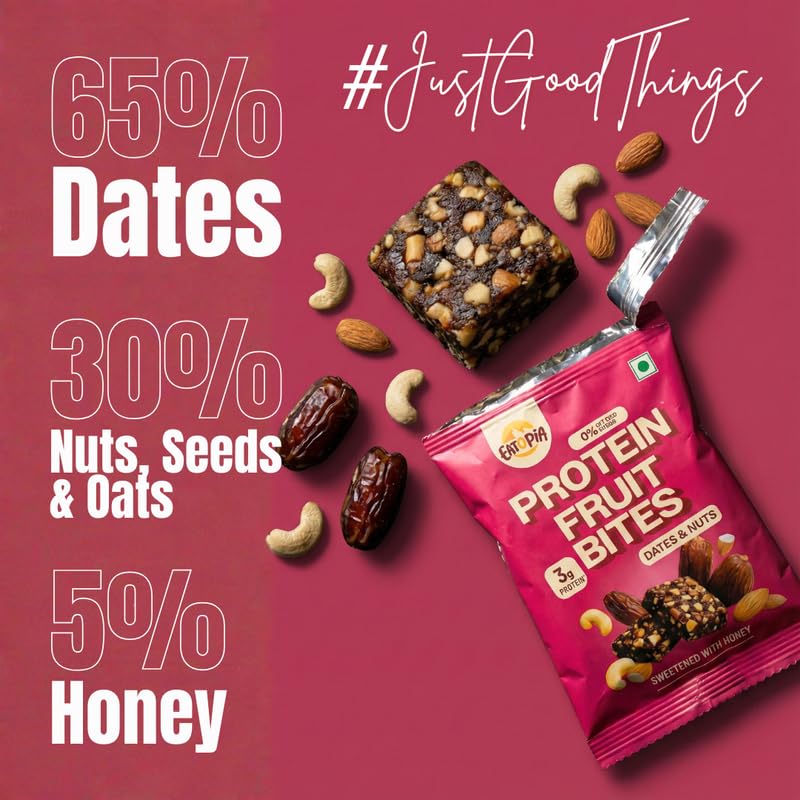 Image of Eatopia Dates & Nuts Protein Bars without Sugar | 14g Protein per 100g | No Preservatives & Refined Sugar | Dry Fruits Energy Bars | Healthy Food | Oats, Honey, Nuts & Seeds | Fruit Bites | Pack of 2 (5 Minis per Box)