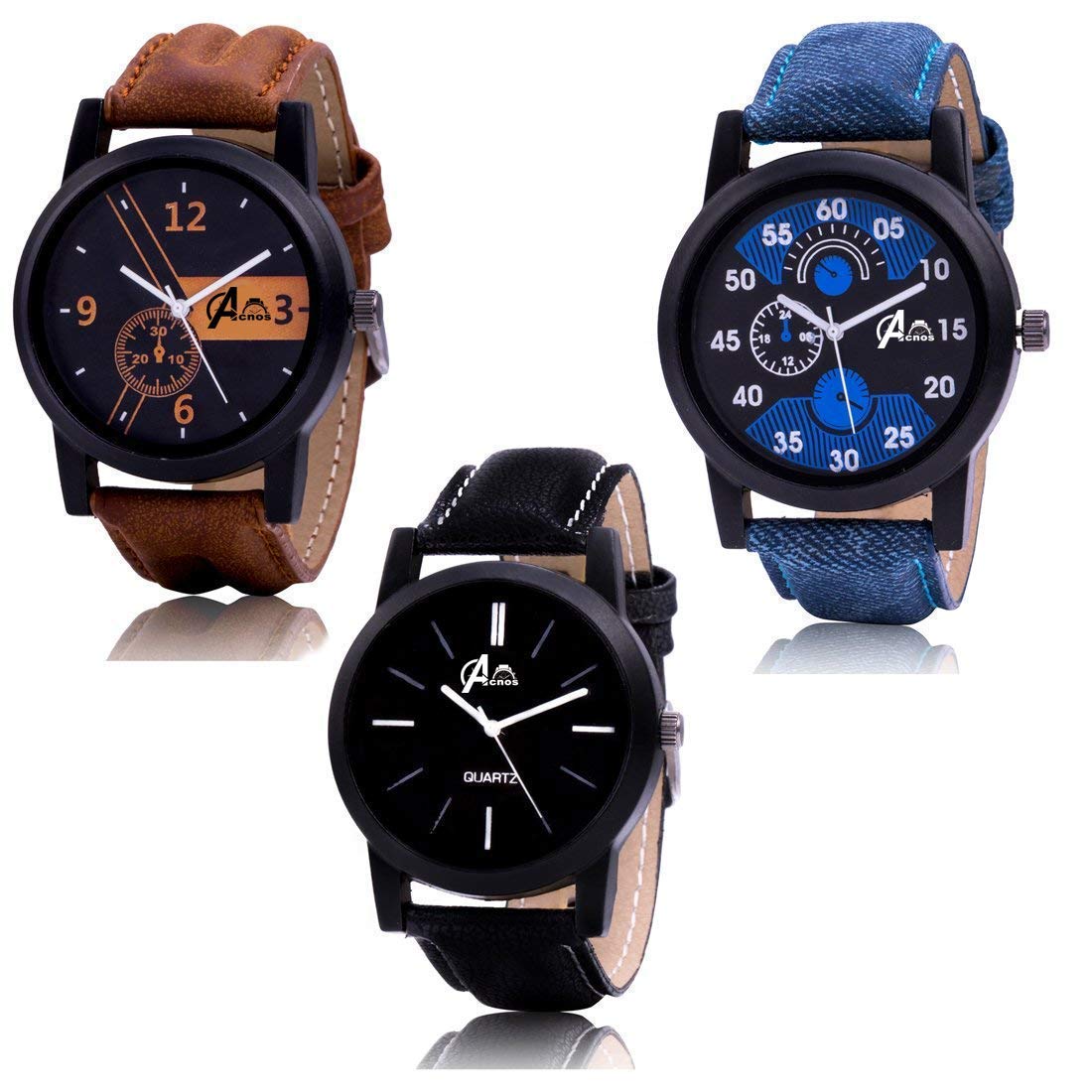 Acnos Premium Brown Blue and Black Leather Analog Watches for Men Pack of – 3 and Brand Box (L-01-02-05) Acnos Premium Brown Blue and Black Leather Analog Watches for Men Pack of – 3 and Brand Box (L-01-02-05)