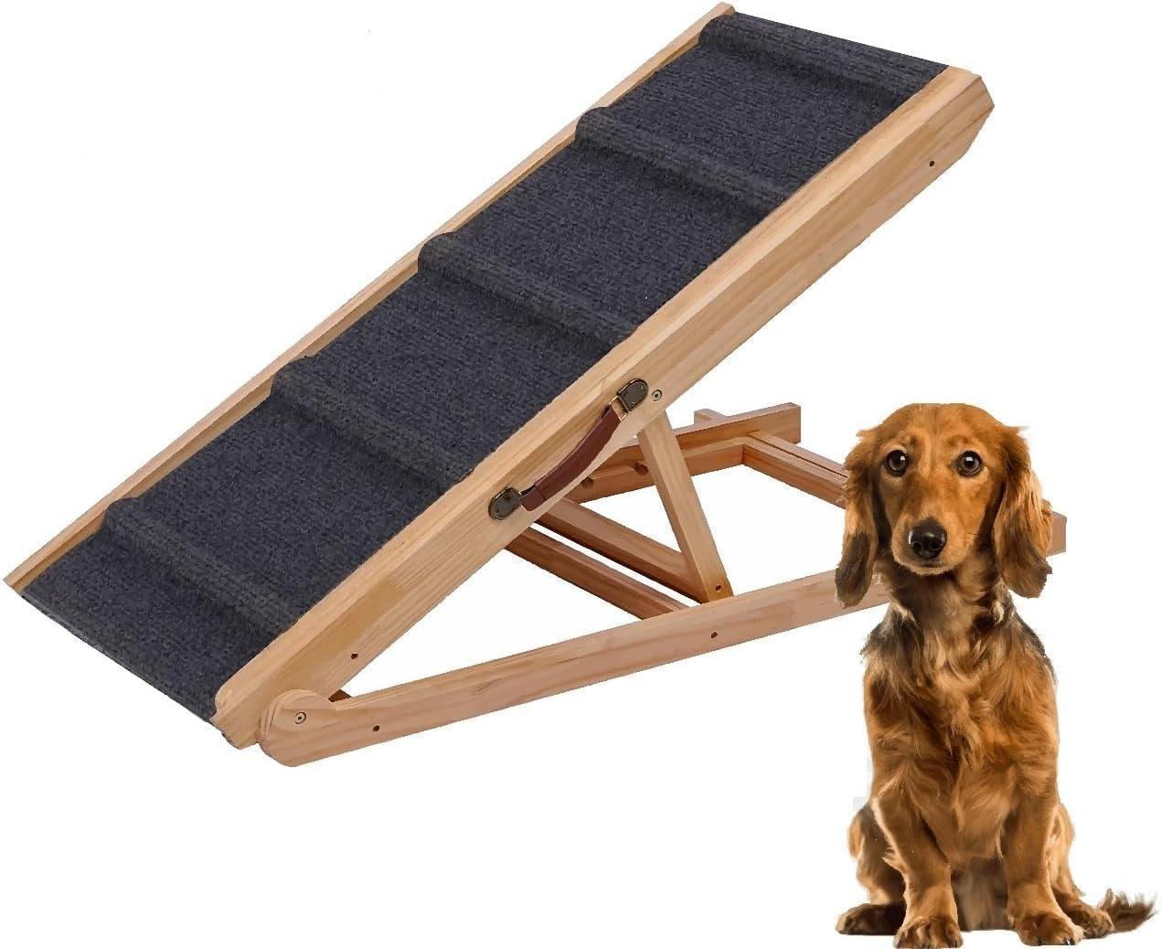 PAWBLISS Adjustable Dog Ramp for All Dogs | 6-Level (12.2"-25.5") Solid Wood Ramp | Non-Slip Carpet for Large & Small Dogs | Supports 200lbs | Portable Dog Ramp for Bed & Couch with Leather Handle