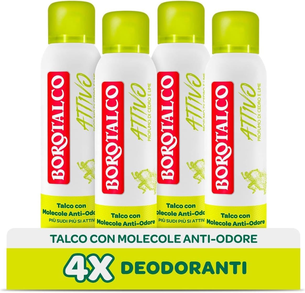 Borotalco Aktiv Gelb Aktives Deodorant Spray Gelb, Talkum Mit Geruchshemmenden Molekülen, Frische Wirksamkeit, 48H Wirksamkeit, Ohne Alkohol, Duft Von Zeder Und Limette - 4 Stück À 150 Ml - Exklusiv Von Amazon