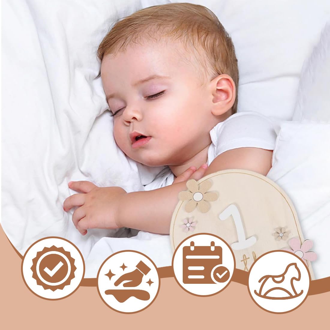 Étapes Bébé en Bois, 1 set Cartes Mensuelles Bebe, Fleur Carte Étape Bébé, Accessoires Photo pour Nourrissons de 0 à 12 Mois, Enregistrement de Croissance, Carte Mois par Mois