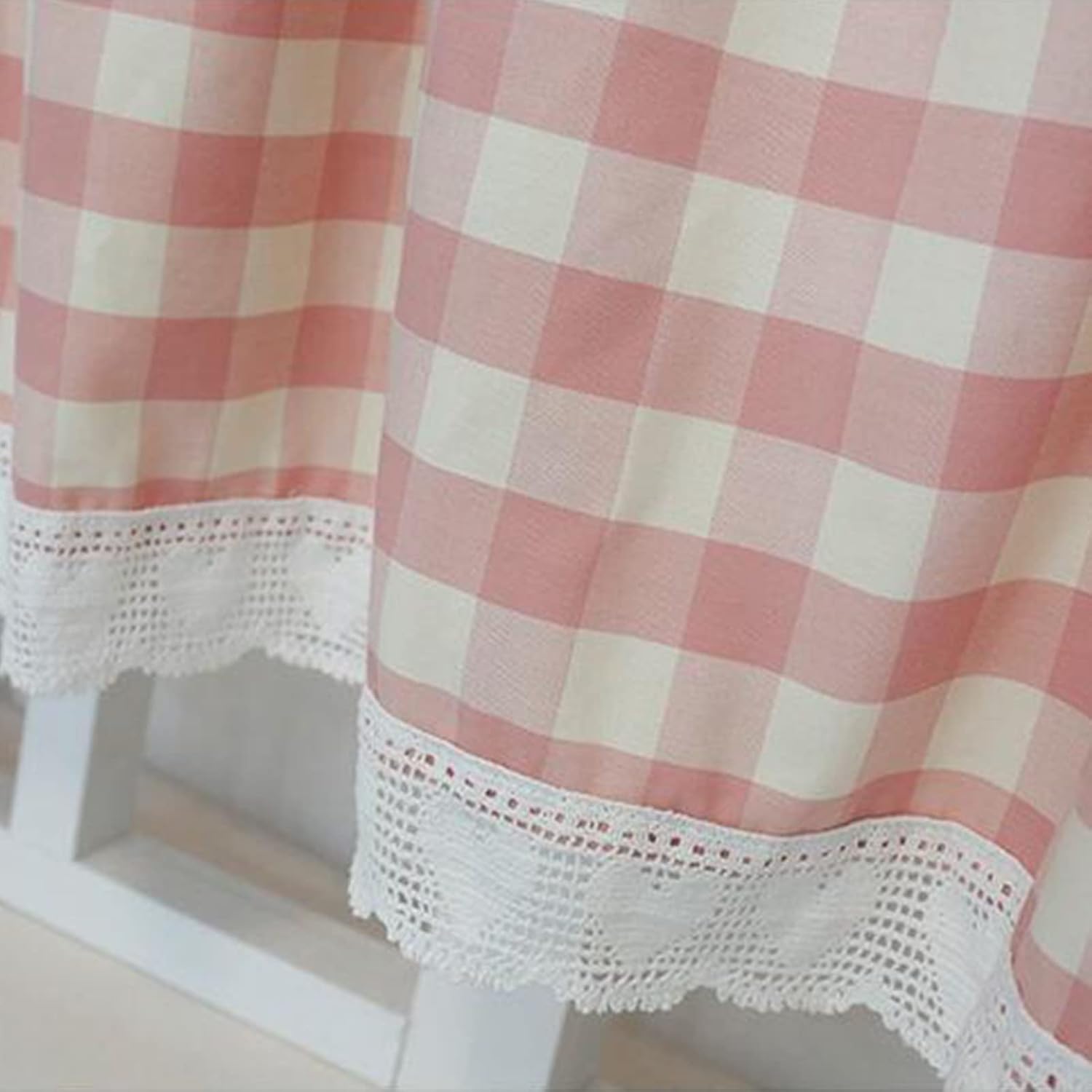 Plaid Kitchen Curtain,Romantic Cafe Tier Curtains Rural Style Window Treatment Lace Trim Rod Pocket,for Living Room,Bathroom,Cupboard,Storage Shelf,Blackout Dust Curtain Valance ( Color : Pink , Size